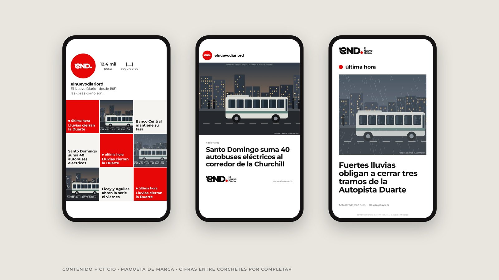 Tres teléfonos: perfil de Instagram con avatar eND. en rojo, una publicación de noticia y una historia de última hora