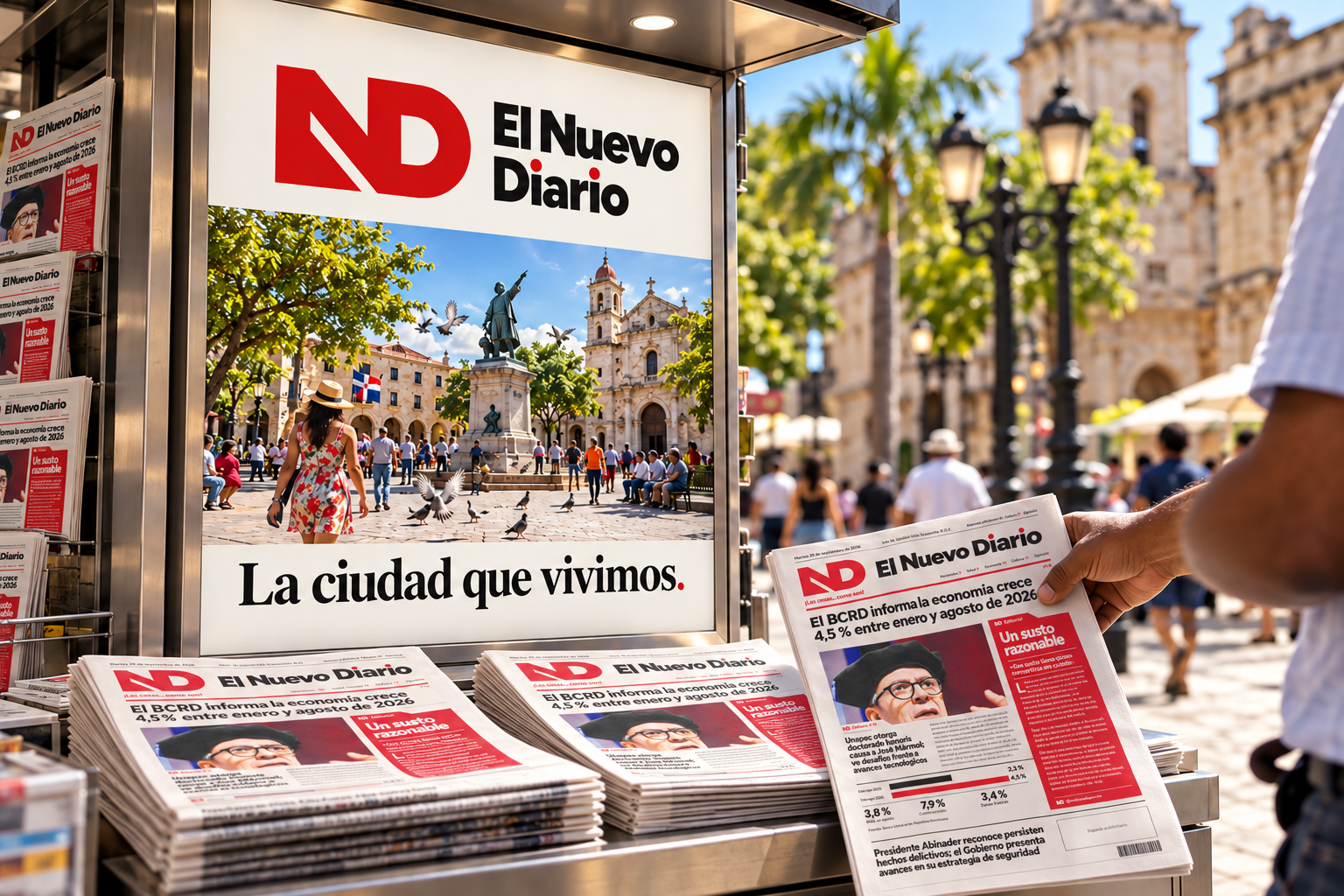 Mockup conceptual de prensa y exterior con la identidad de El Nuevo Diario